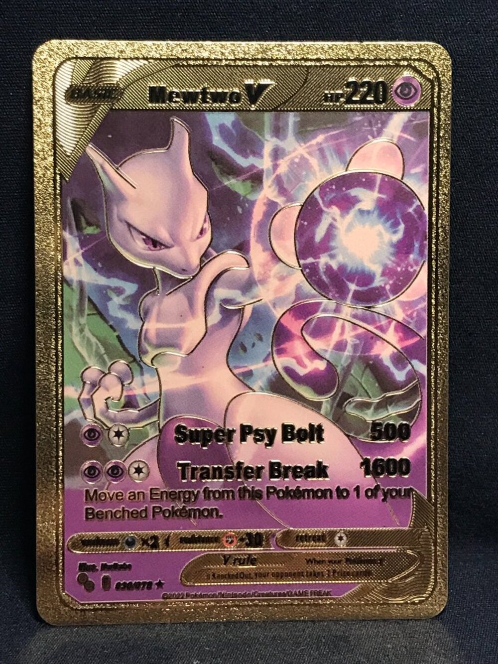 Pokemon Mewtwo V GOLD Foil Fan Art Collector Card - 220 HP - 03/078
